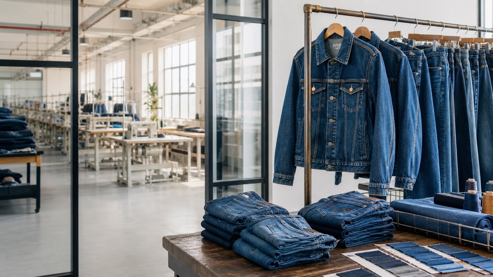 Wholesale denim jeans and jackets in a clean production showroom